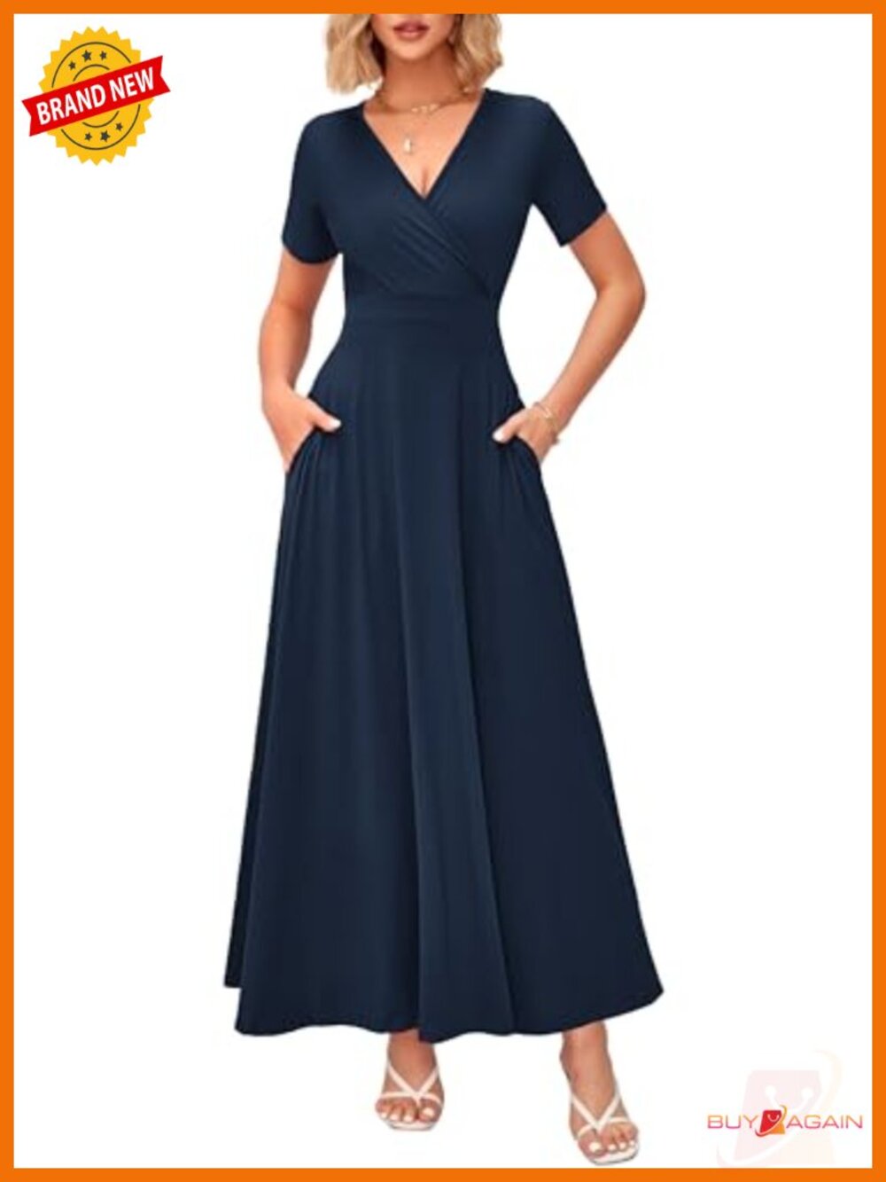 Women's Summer Maxi Dress Wrap V-Neck Short Sleeve with Pockets